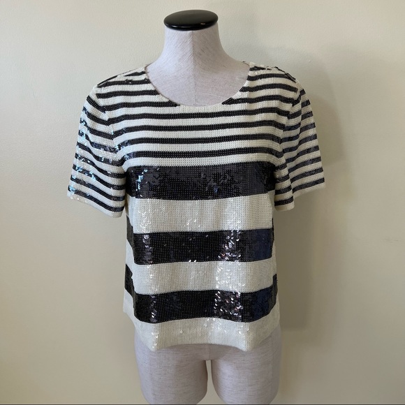 Veronica Beard Black Striped Sequin Boxy Crewneck Tee - Picture 3 of 12